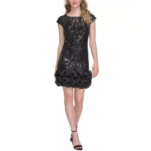NEW Guess Black Sequin Cocktail Dress Size 4 Rosette Ruffle Mini Formal Hoco NWT - Picture 13 of 14